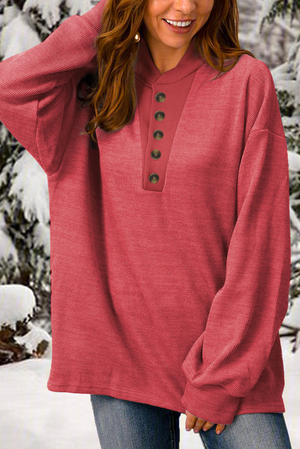 Red Plain Buttoned Henley Sweatshirt