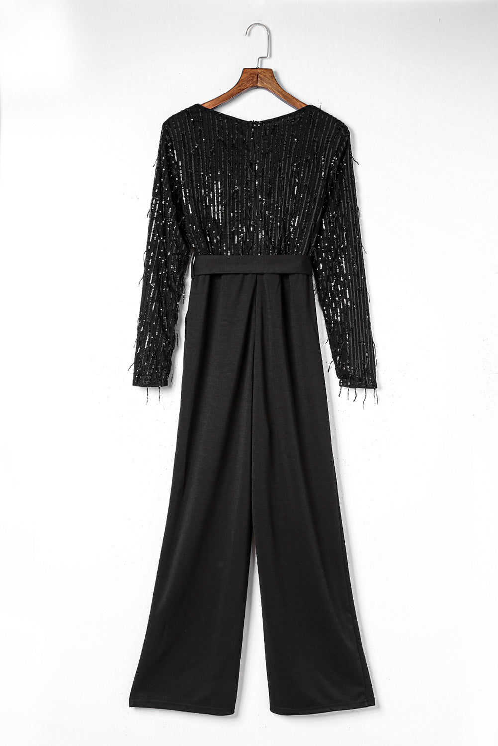 Black Sequin Fringes V Neck Long Sleeve Jumpsuit