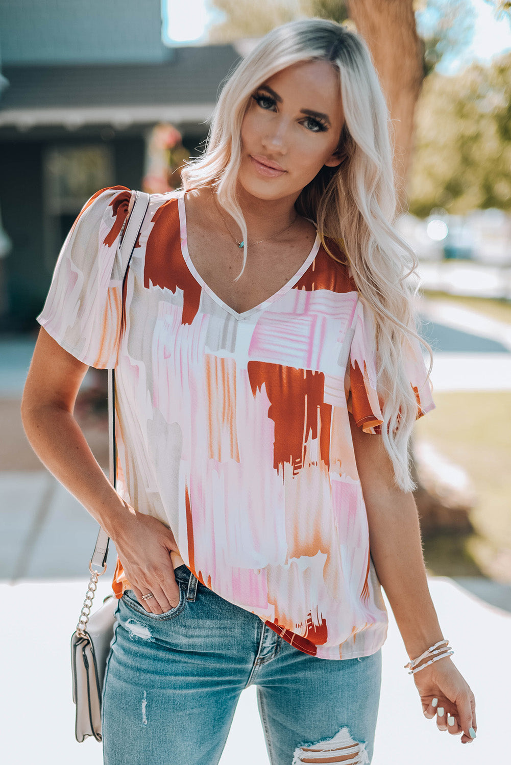 Multicolor Color Block Ruffled Short Sleeve V Neck T-shirt