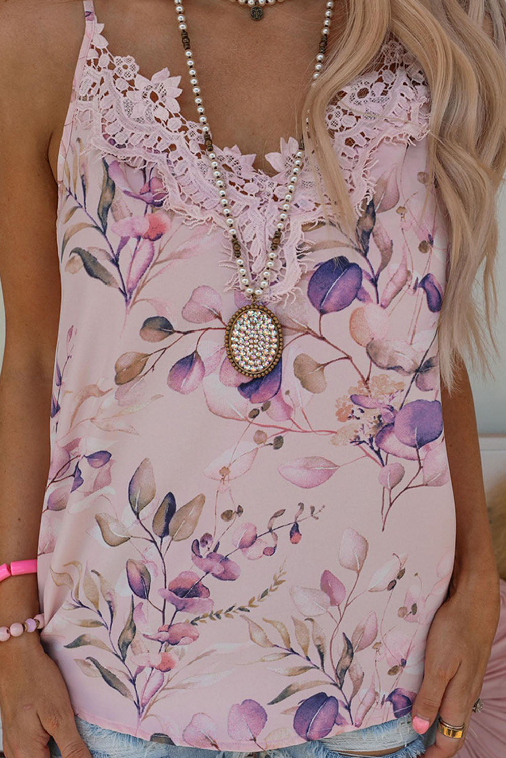 Pink Floral Print Lace Trim Spaghetti Straps Tank Top