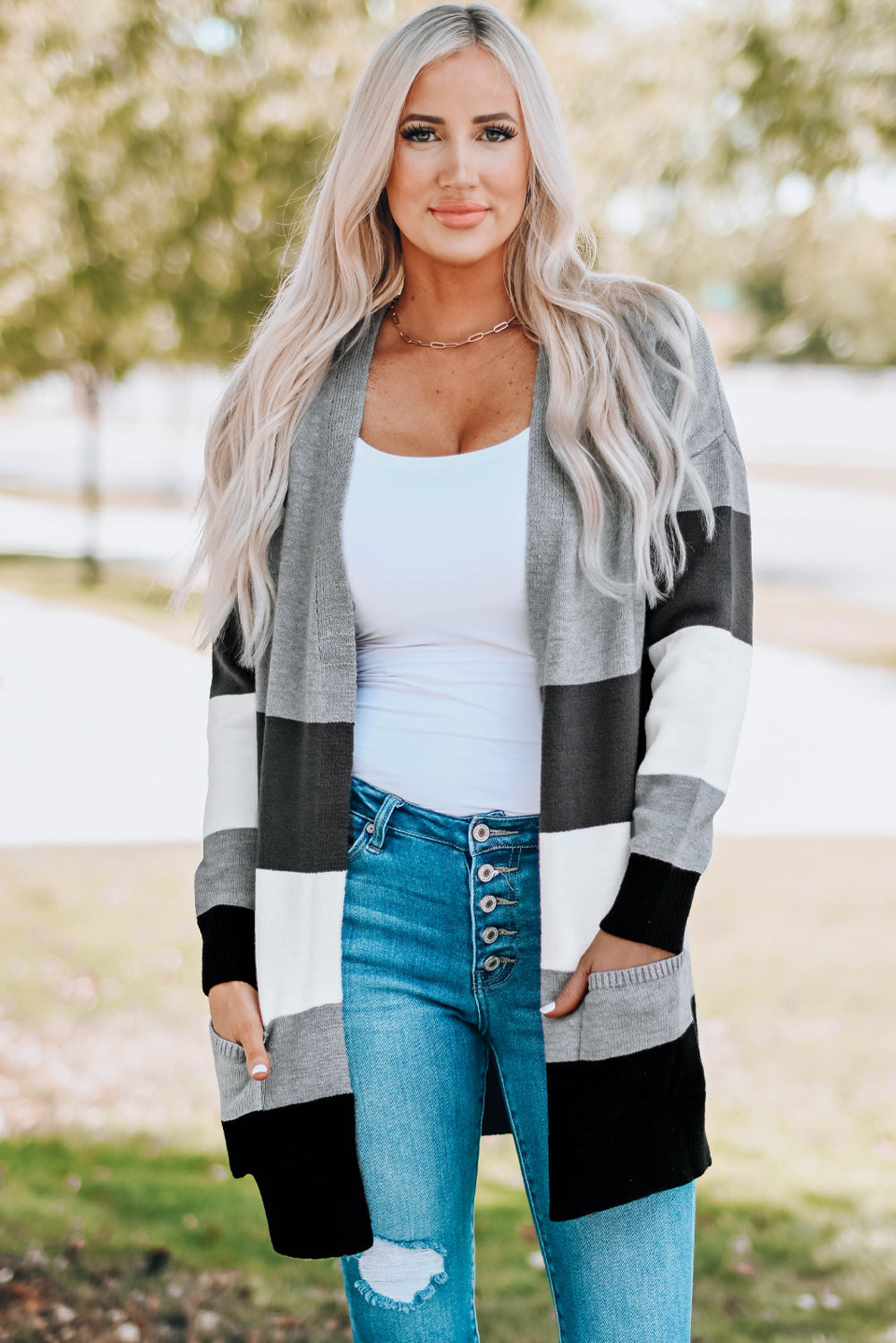 Khaki Open Front Colorblock Cardigan with Pockets