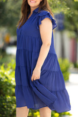 Blue Plus Size Ruffled Tiered A-line Midi Dress