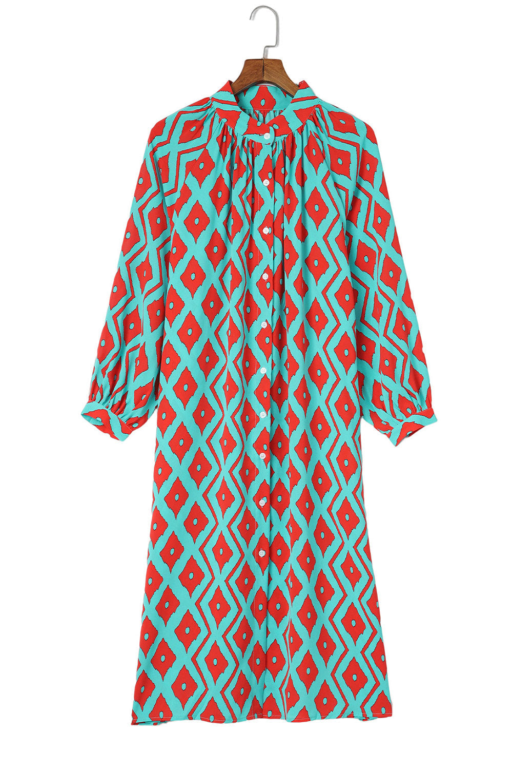 Sky Blue Western Geometric Print Split Buttoned Shirt Dress