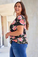 Black Plus Size Floral Print Twist Knot Top