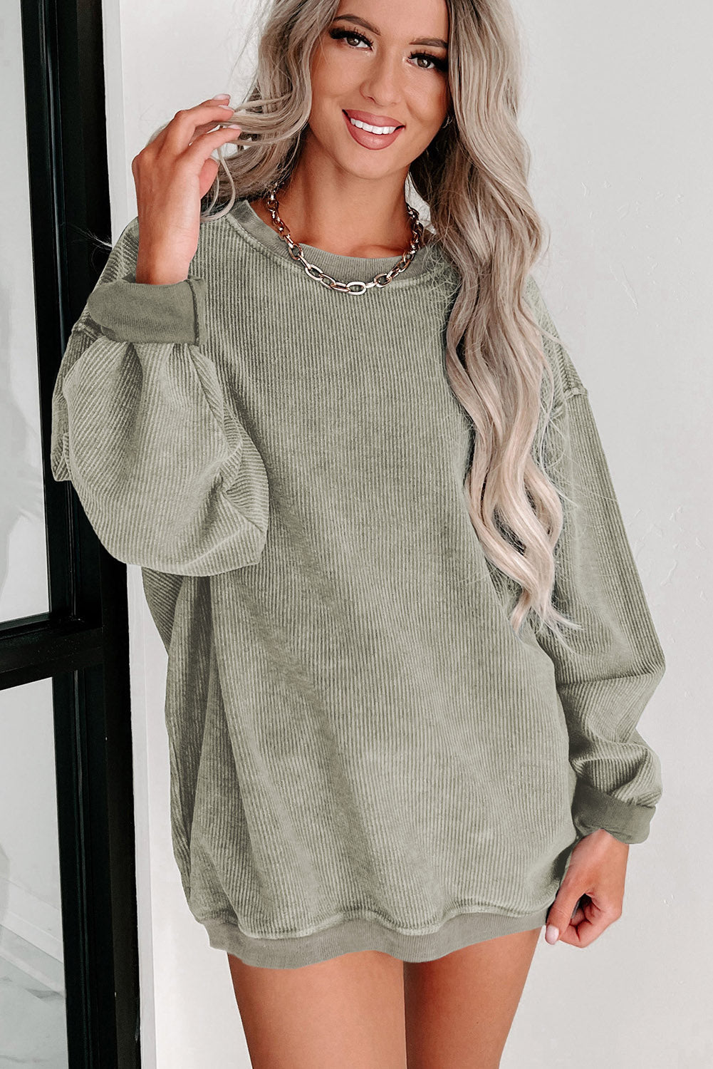 Gray Solid Ribbed Knit Round Neck Pullover Sweatshirt