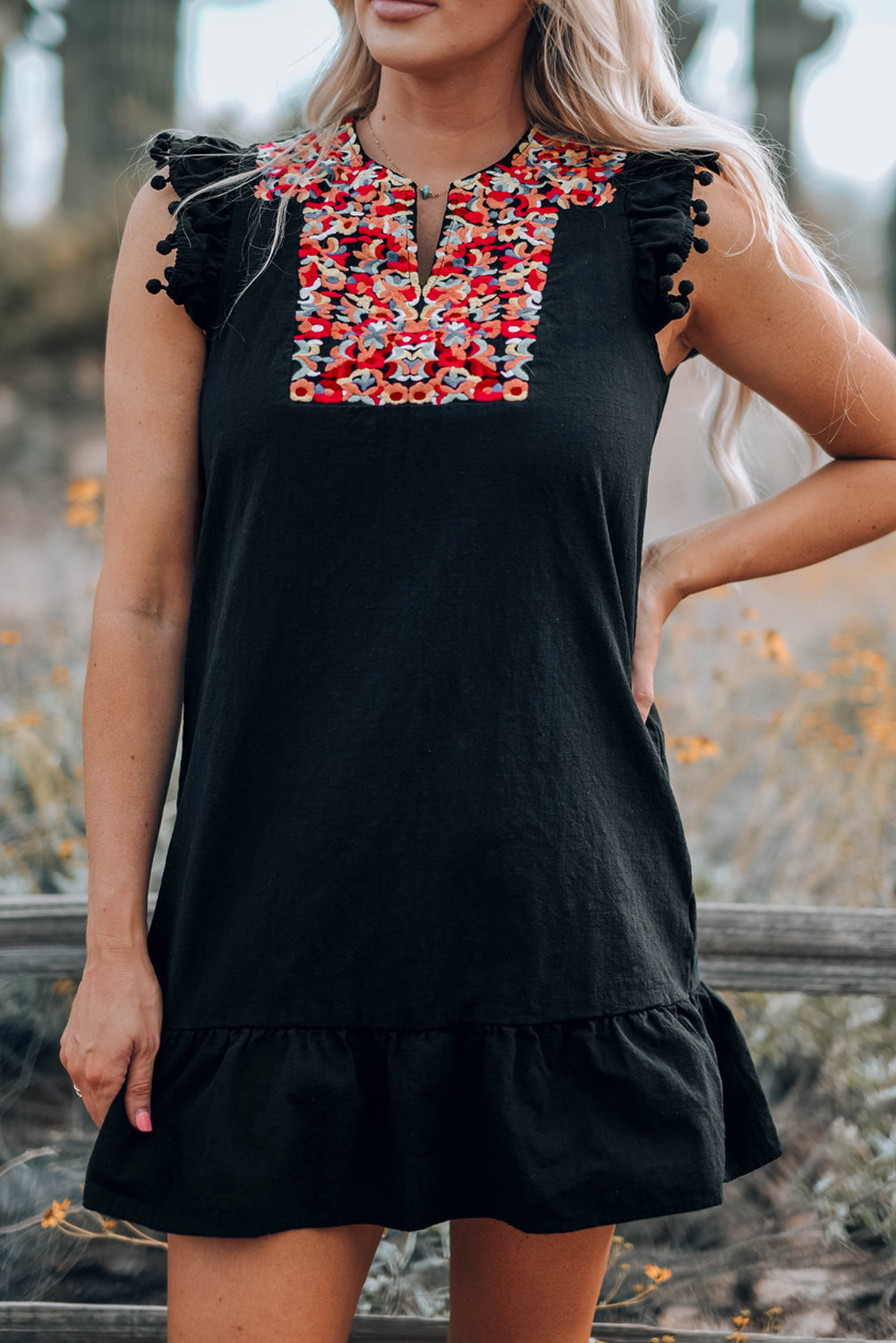 Black Boho Print Pompom Sleeve Shift Dress