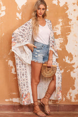 Beige Tassel Trim Split Sleeve Boho Print Kimono