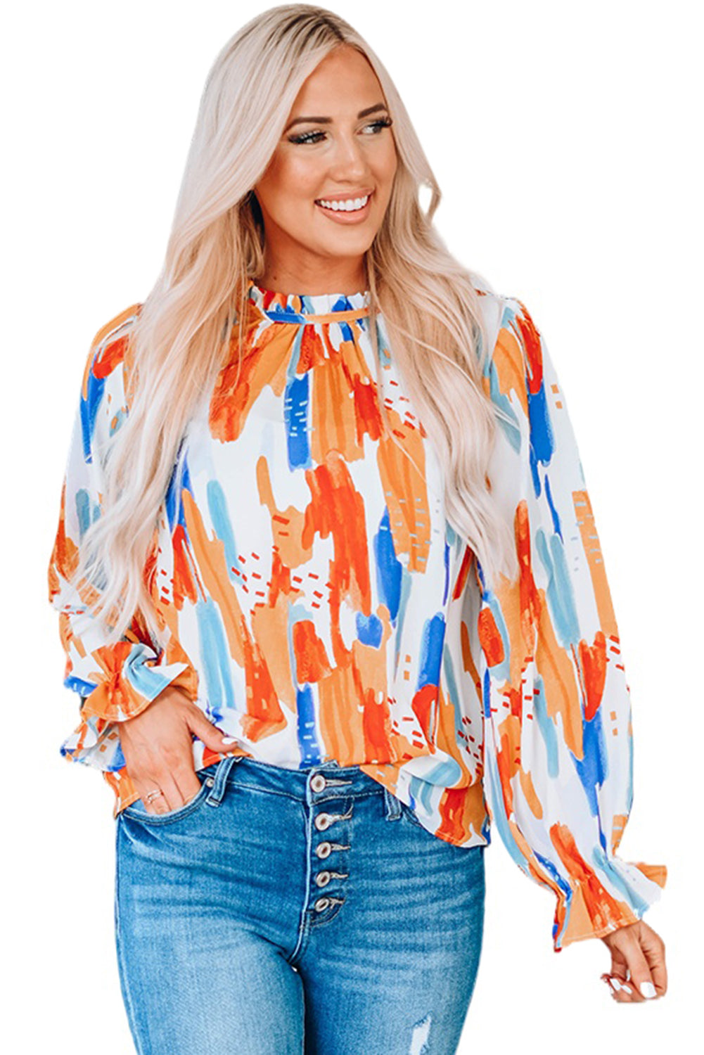 Multicolor Multicolor Printed Ruffle Trim Long Sleeve Top