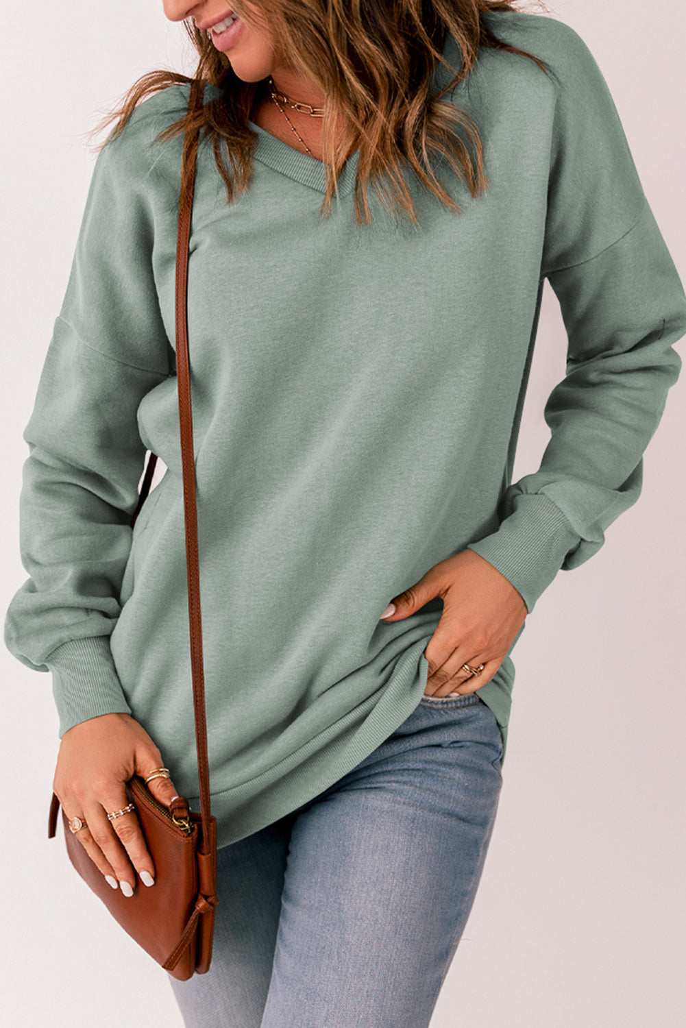 Gray Ribbed V Neck Drop Shoulder Sweatshirt