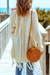 Beige Tasseled Hollow-out Cable Knit Cardigan