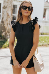 Black Ruffle Sleeves Solid Romper