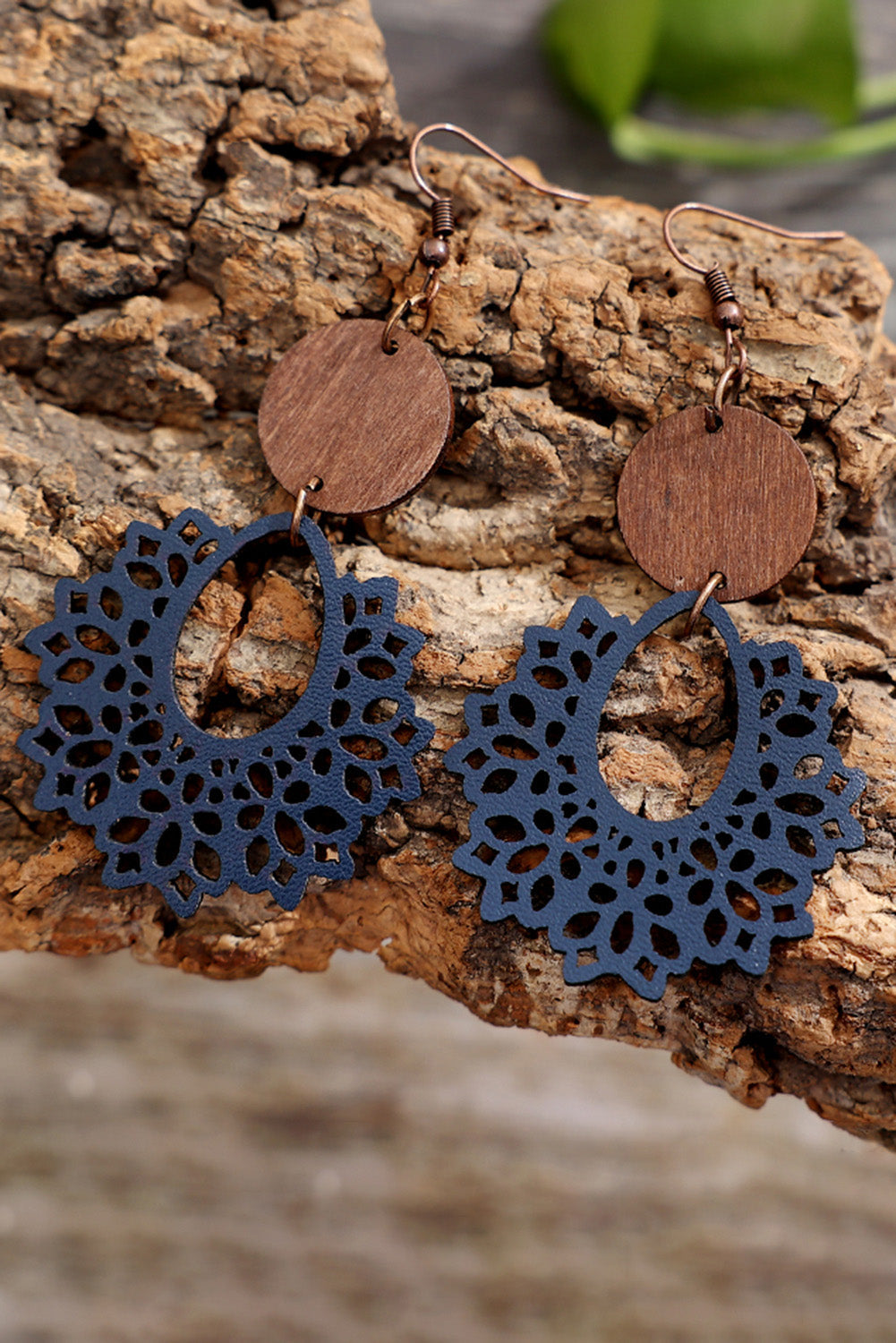 White Hollowed Flower Round Wood Pendant Earrings