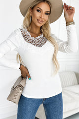 White Floral Crochet Neck Detail Long Sleeve Top