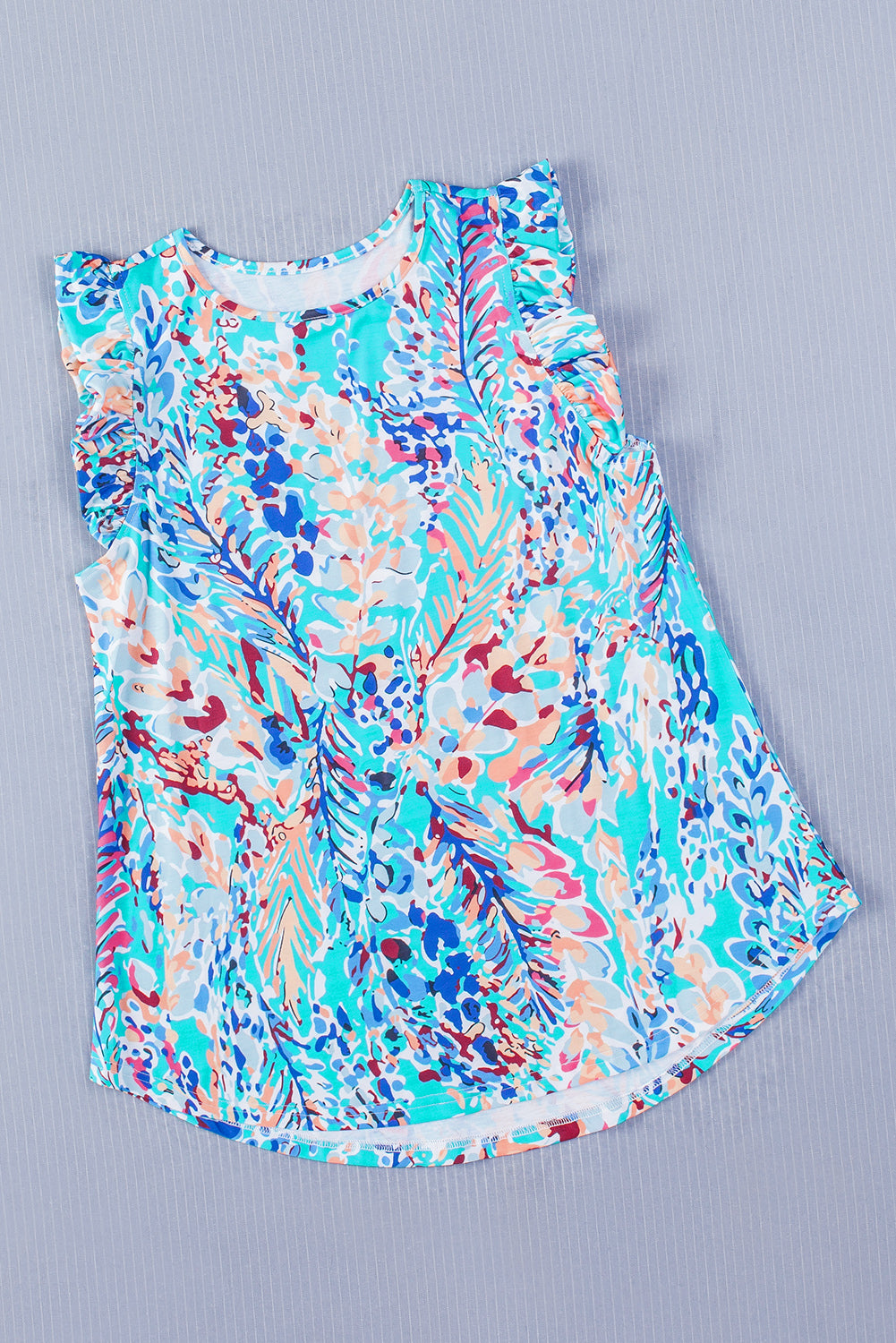 Blue Floral Print Tank Top with Ruffles