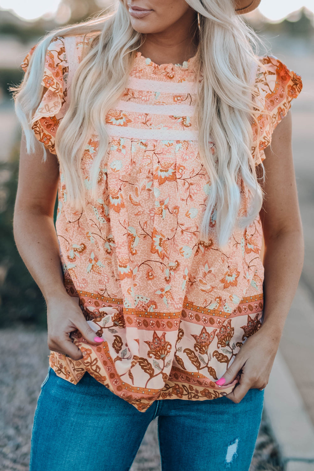 Sky Blue Floral Print Ruffled Crew Neck Sleeveless Top