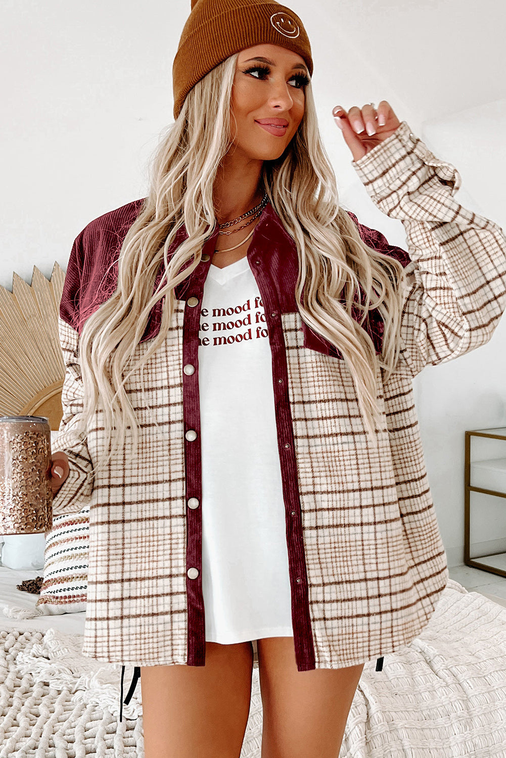 Brown Plaid Patchwork Button-up Shift Shirt Jacket