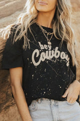 Black Hey Cowboy Vintage Splashed T Shirt