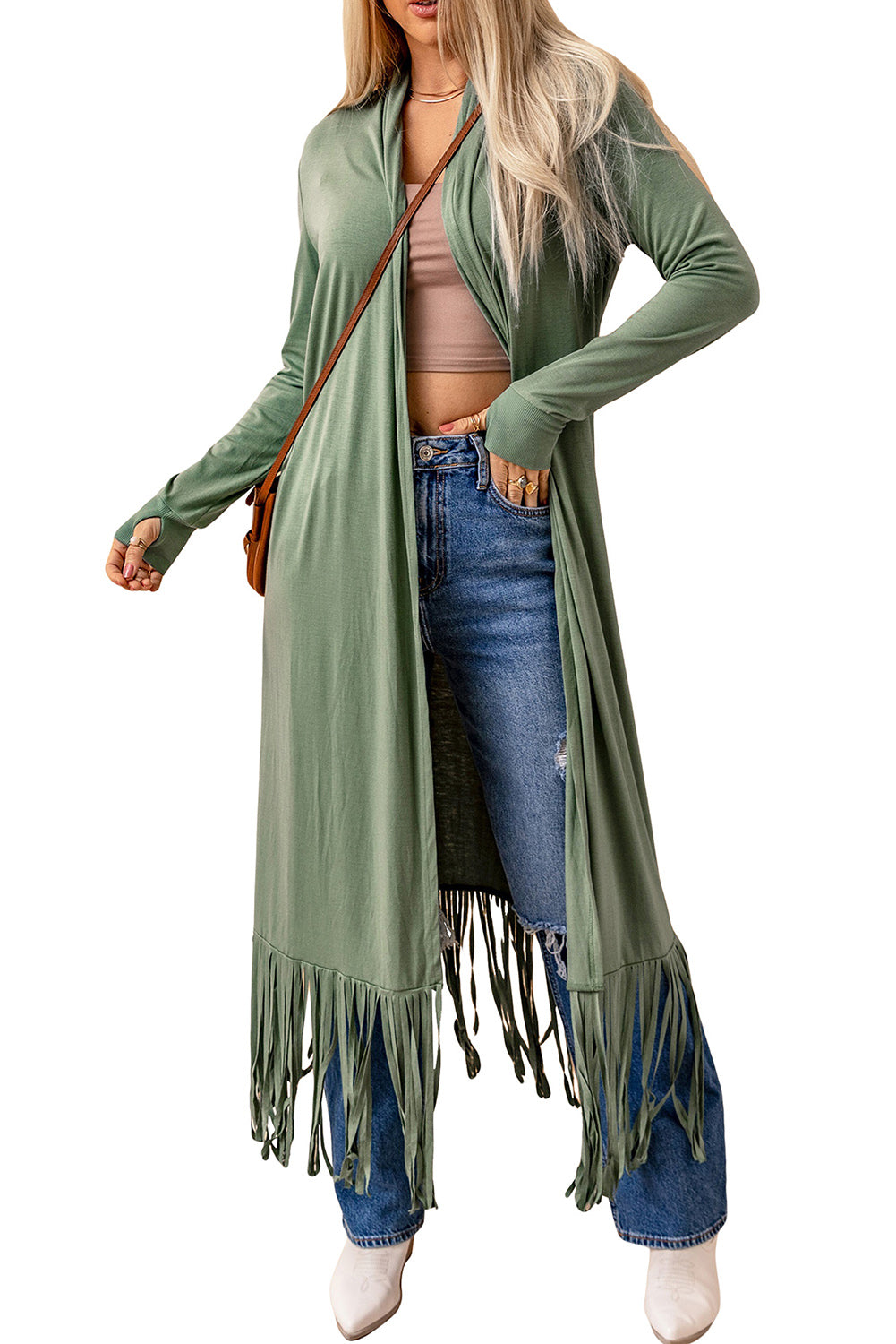 Green Fringe Knit Duster Cardigan
