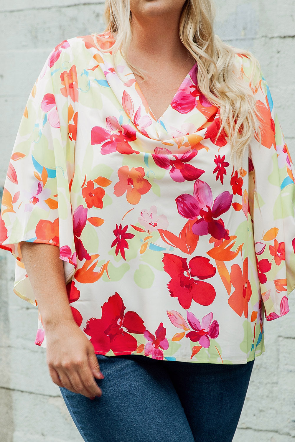 Multicolor Floral Print Cowl Neck Plus Size Blouse