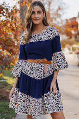 Leopard Splicing High Waist Long Sleeve Dress