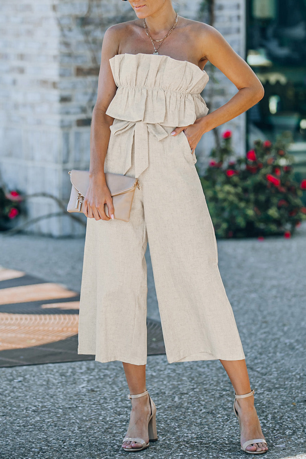 Black Ruffled Strapless Wide Leg Jumpsuit