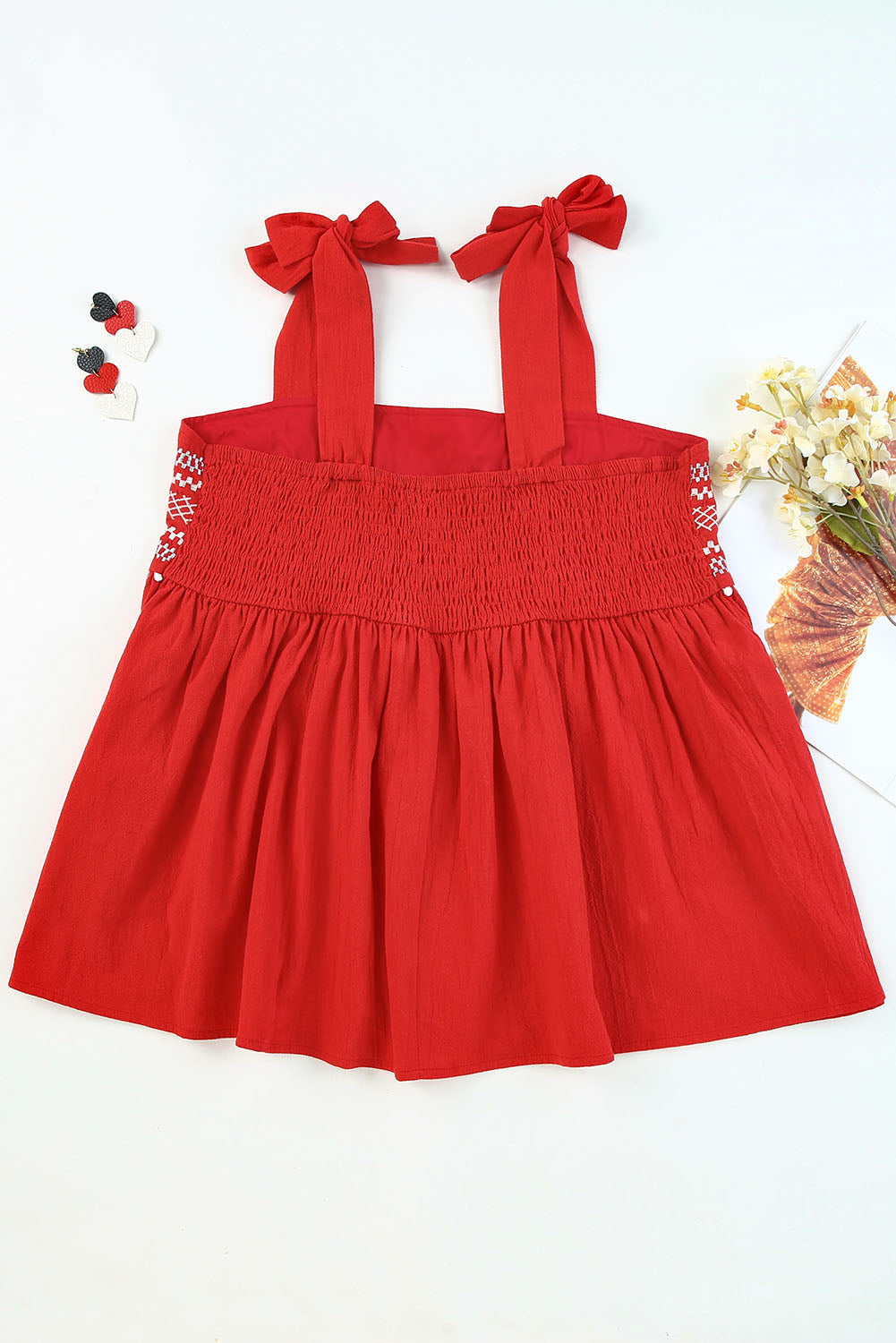 Red Embroidered Babydoll Tie Strap Tank Top