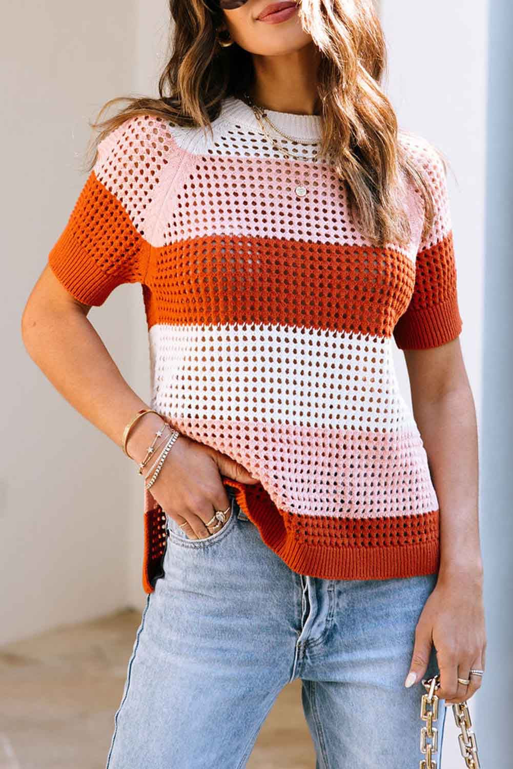 Brown Crochet Knit Colorblock Stripe Top