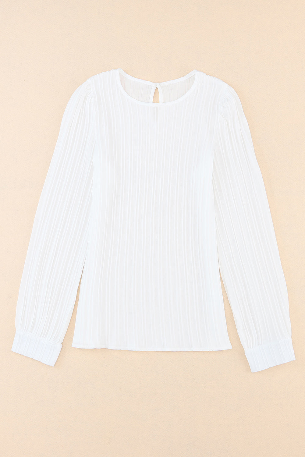 White Ribbed Crewneck Puff Long Sleeve Top