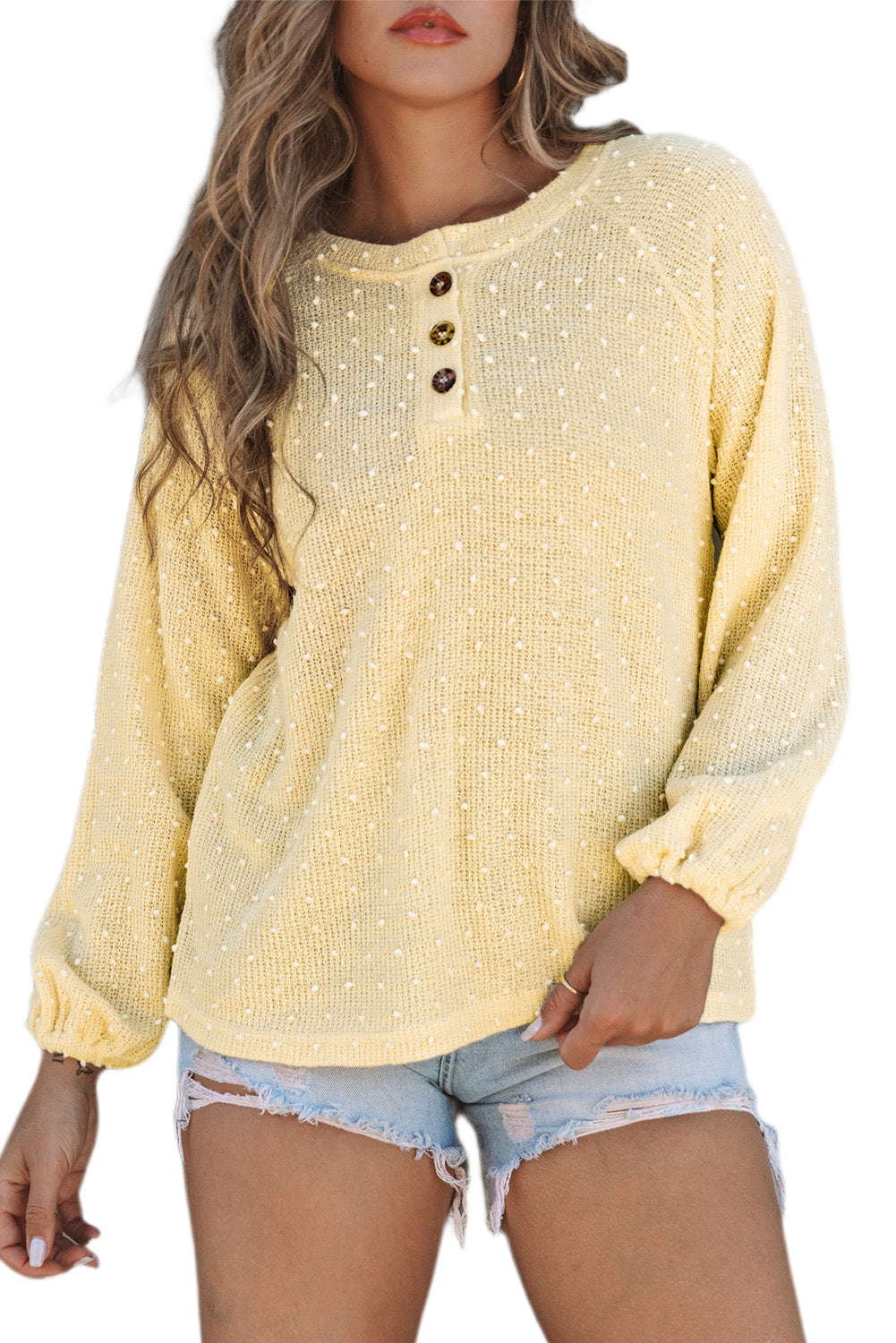 Apricot Swiss Dot Raglan Sleeves Knit Top