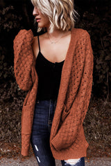 Brown Open Front Woven Texture Knitted Cardigan with Pockets