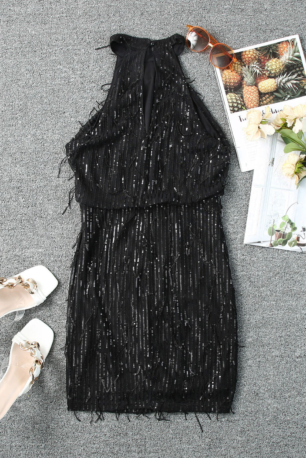 Black Sequined Fringed Mini Dress