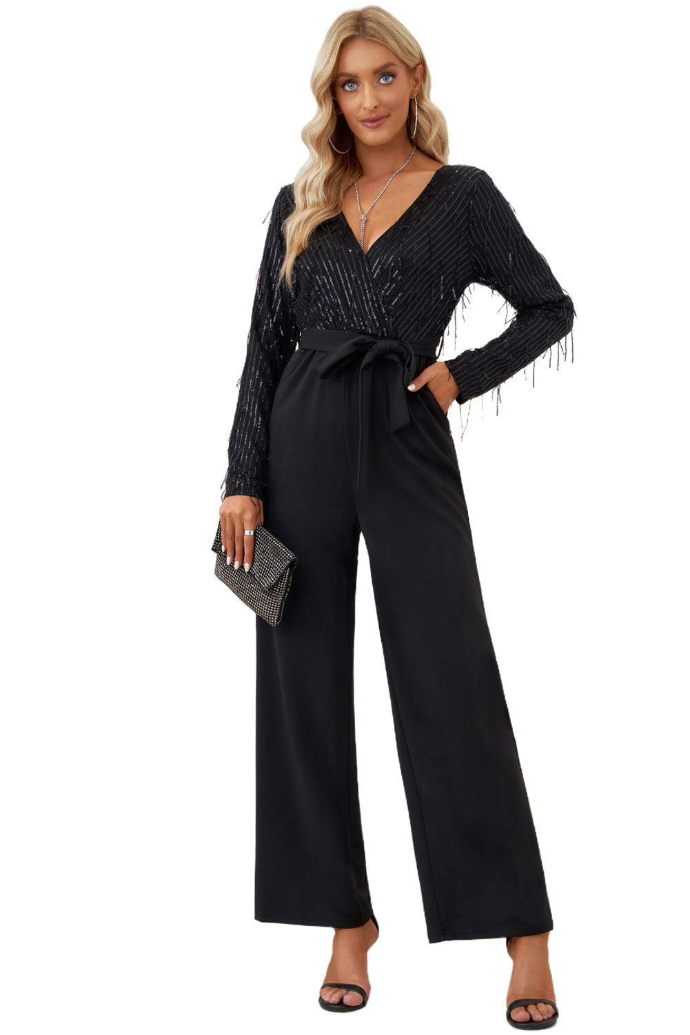 Black Sequin Fringes V Neck Long Sleeve Jumpsuit