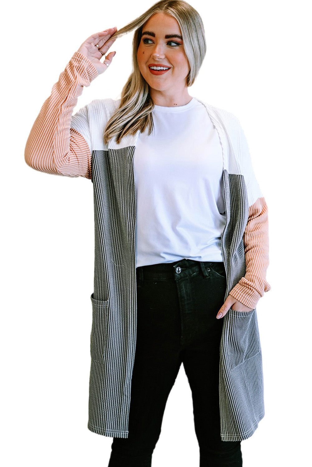 Gray Corded Colorblock Open Front Cardigan