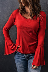 Red V Neck Knit Bell Sleeve Top