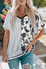 Gray Stripes & Cow Print Contrast V Neck Tee