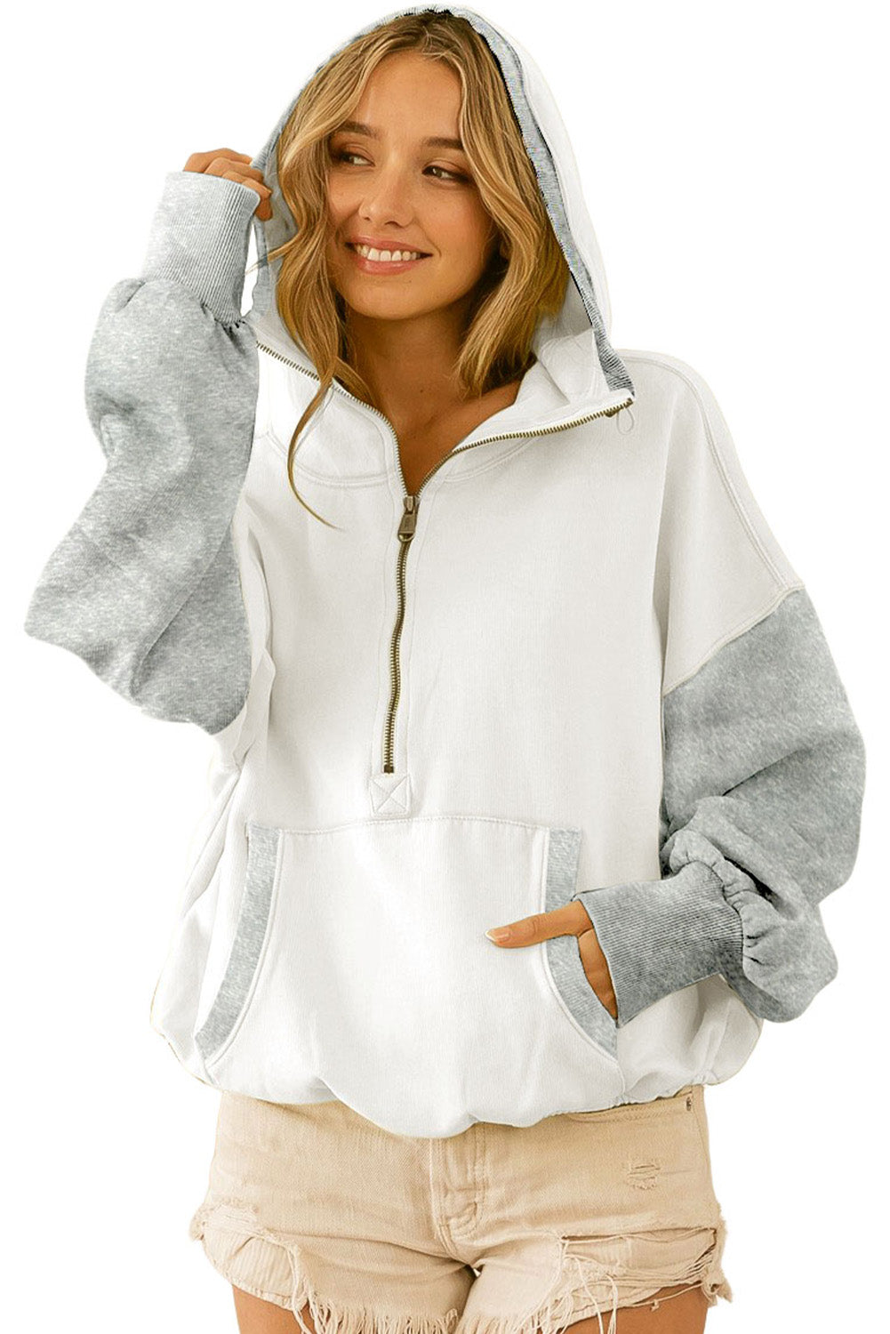 White Half Zipper Kangaroo Pocket Drop Shoulder Hoodie