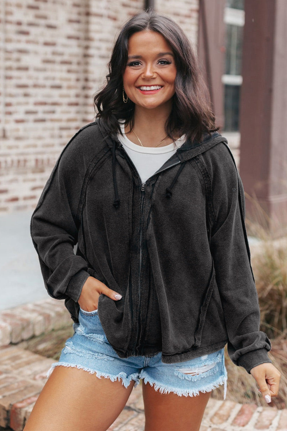 Sky Blue Solid Color Oversized Zip Up Hoodie with Pockets