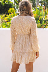 Brown Buttons Front Bubble Sleeve Shirt Floral Dress