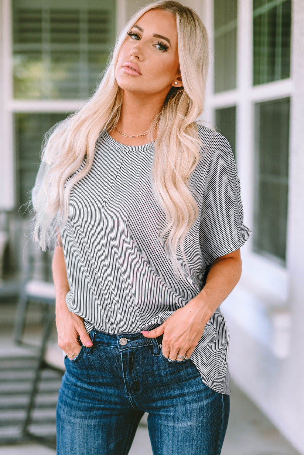 Gray Ribbed Knit Round Neck Relaxed Tee