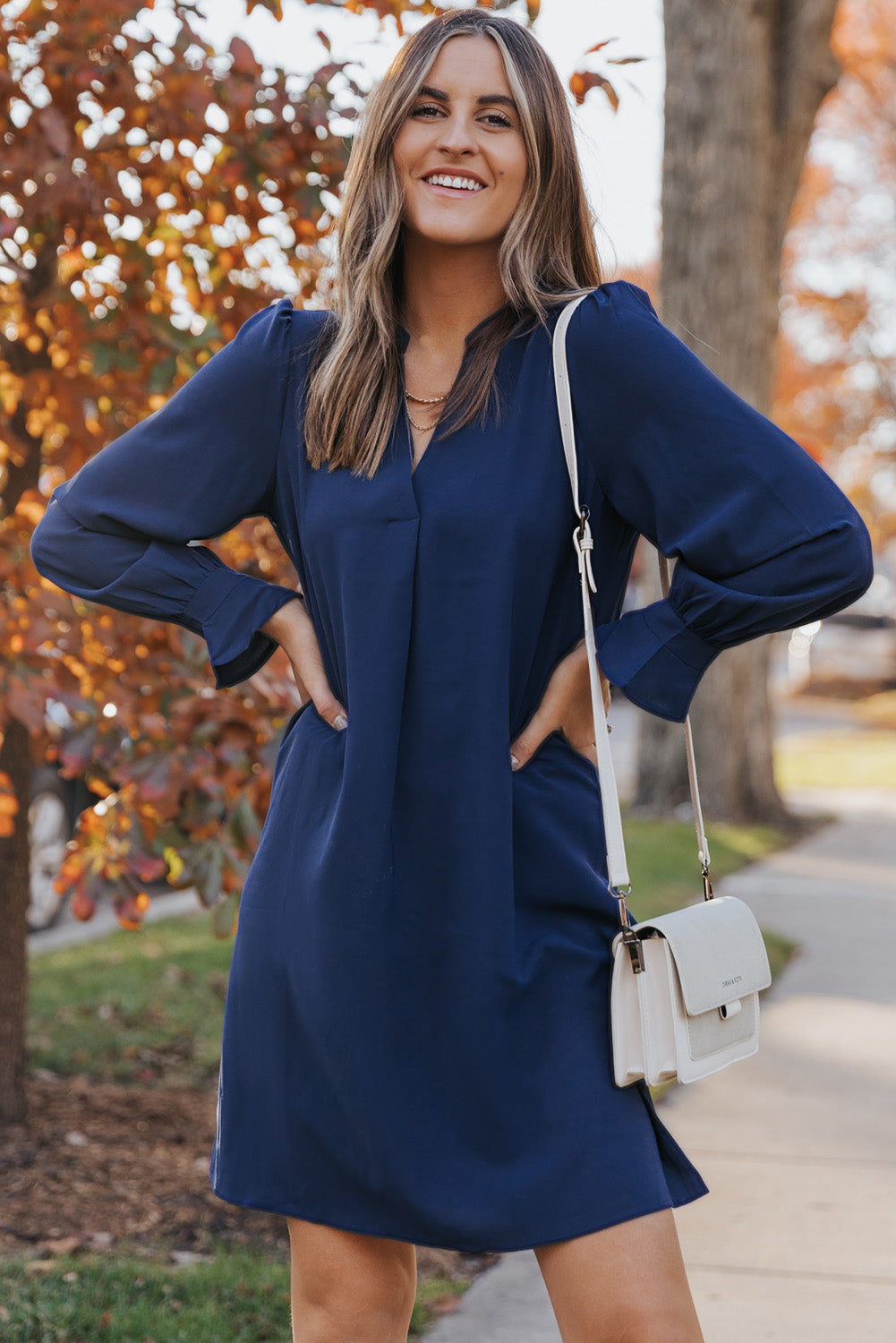 Black Split V Neck Ruffled Sleeves Shirt Dress