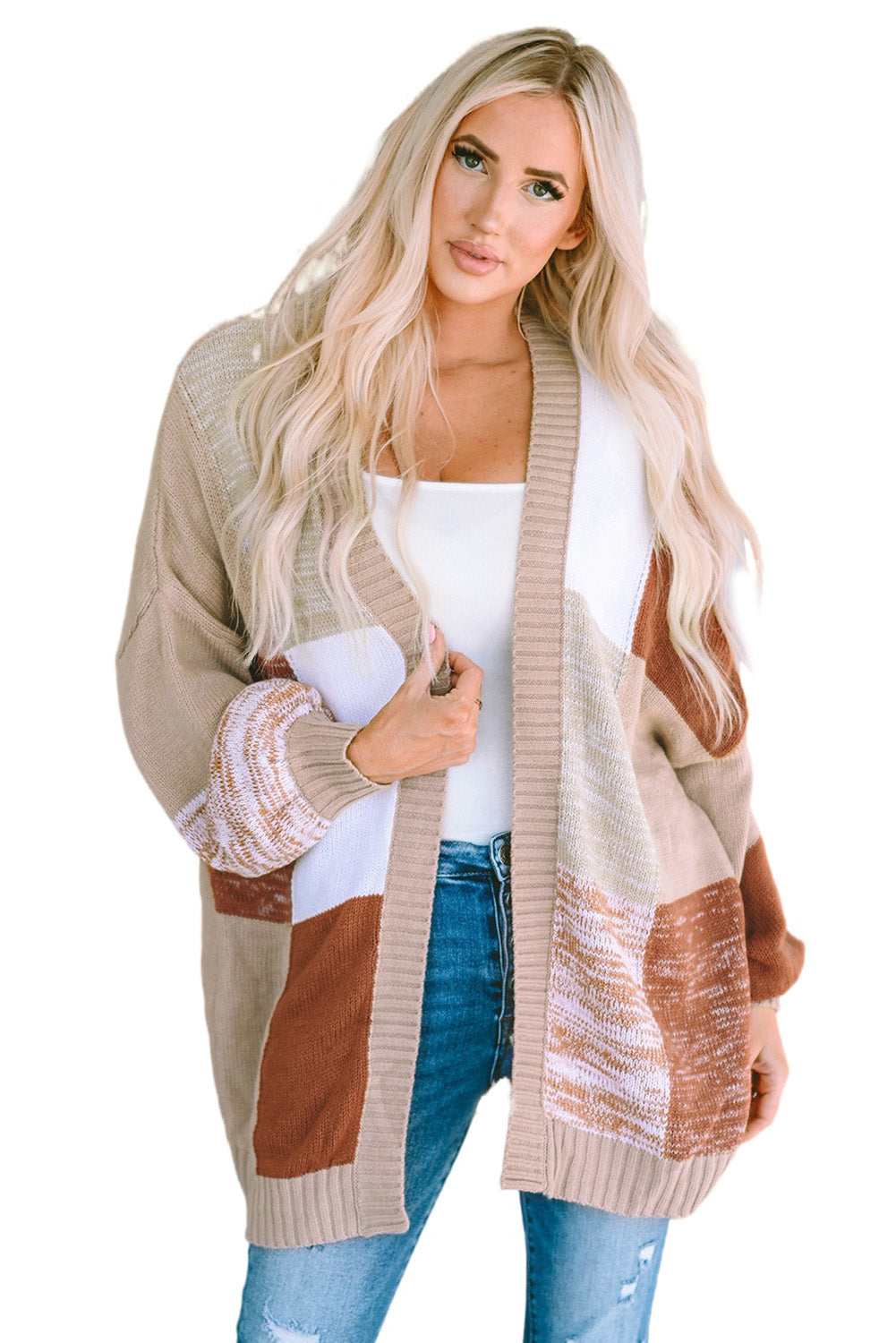 Khaki Checkered Pattern Open Front Drop Shoulder Slouchy Cardigan