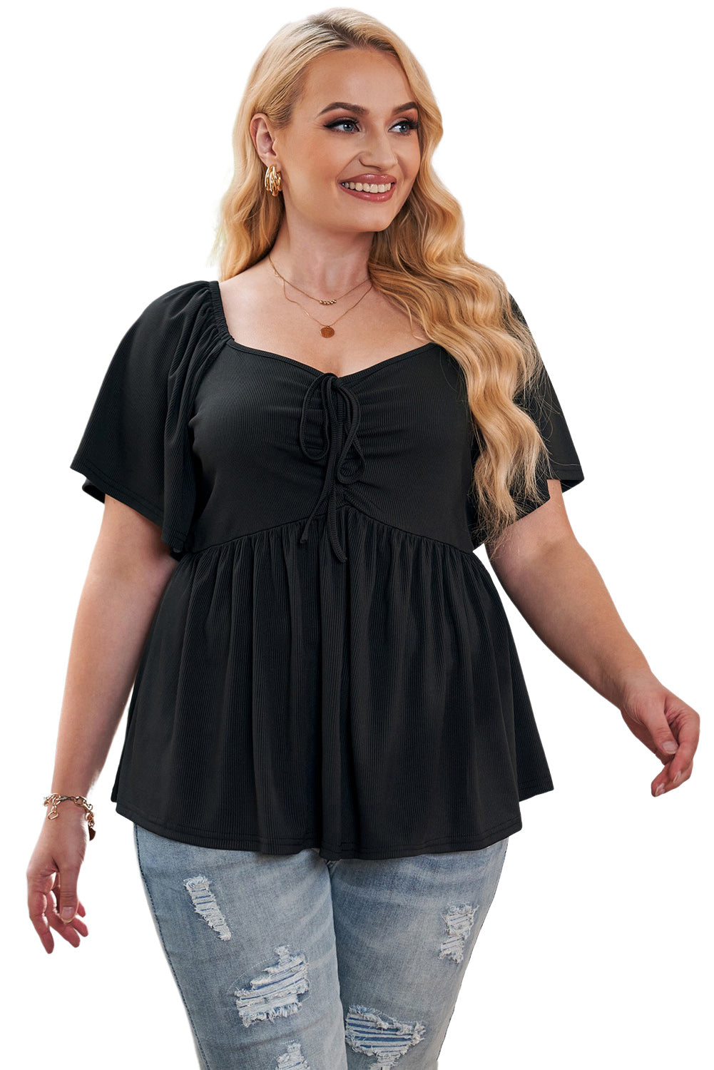 Black Plus Size Ruched Front Babydoll Top