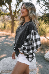 Black Buffalo Plaid Splicing Split Neck Knit Top