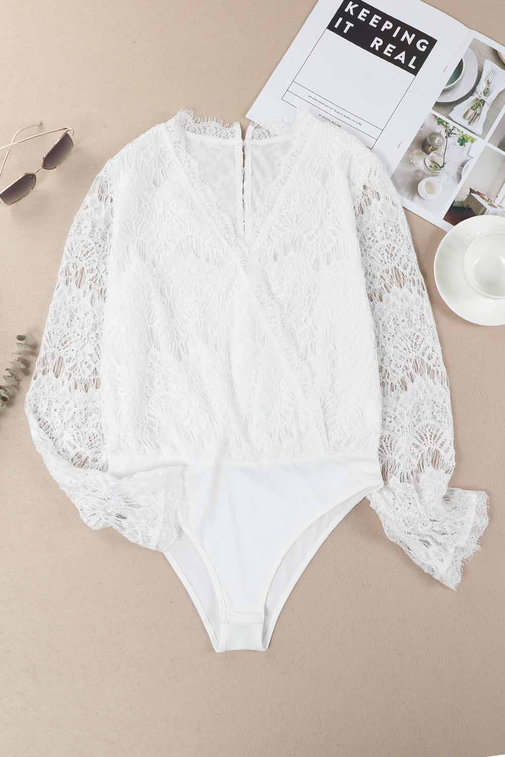 White Lace V Neck Wrap Long Sleeve Bodysuit