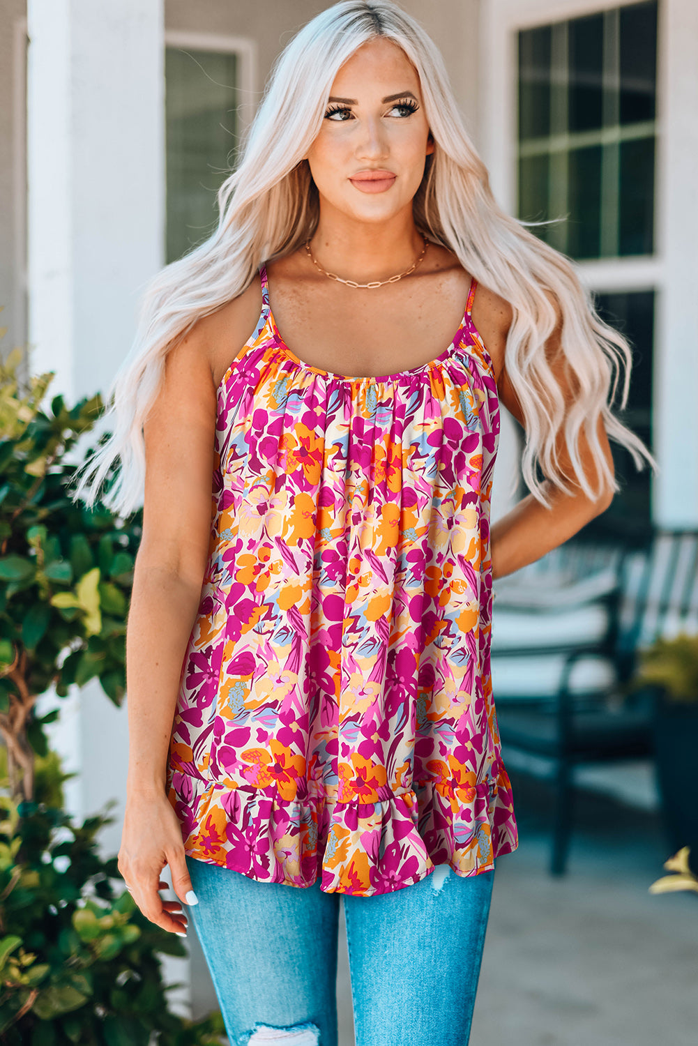 Red Floral Print Loose Fit Spaghetti Strap Tank Top