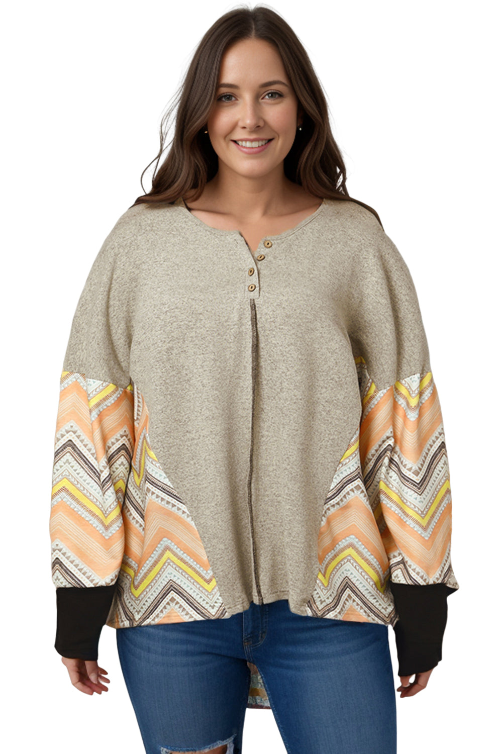Gray Plus Size Chevron Sleeves Top