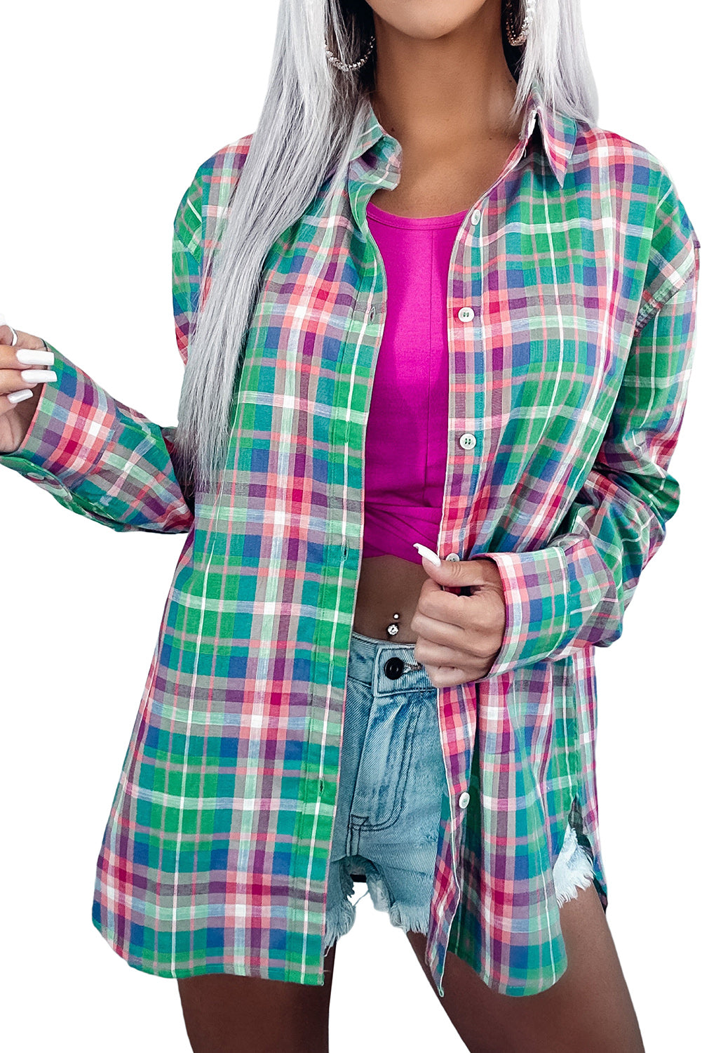 Green Plaid Long Sleeve Button Down Split Shirt