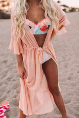 Pink Ruffle Half Sleeve Tie Front Flowy Beach Cover Up