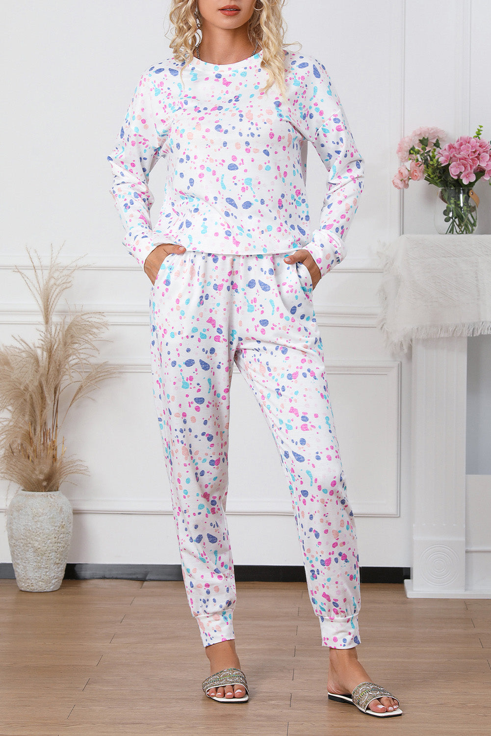 White Tie-dye Long Sleeve Crop Pullover and Joggers Lounge Set