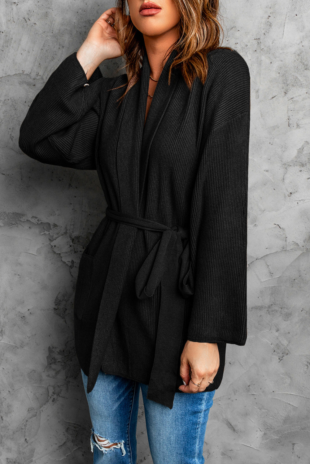 Black Robe Style Rib Knit Pocketed Cardigan with Belt